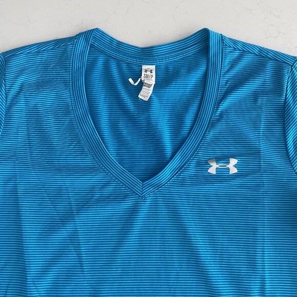 Under Armour Activewear SS V Neck Loose Fit Striped Polyester Shirt Blue Sz S - Picture 2 of 8
